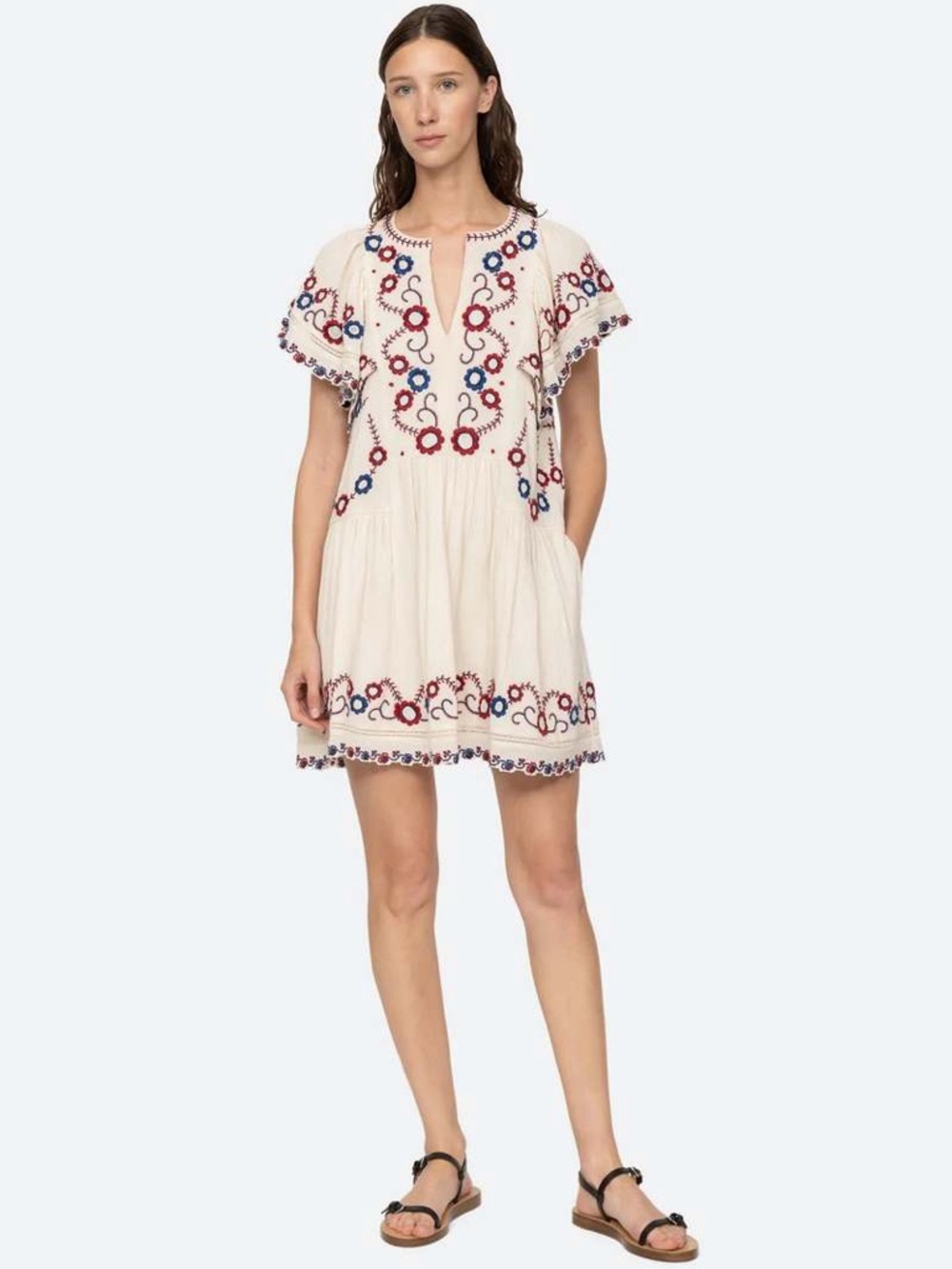 Sea New York Soren Embroidered Mini Dress Cream Red Blue Floral Size S